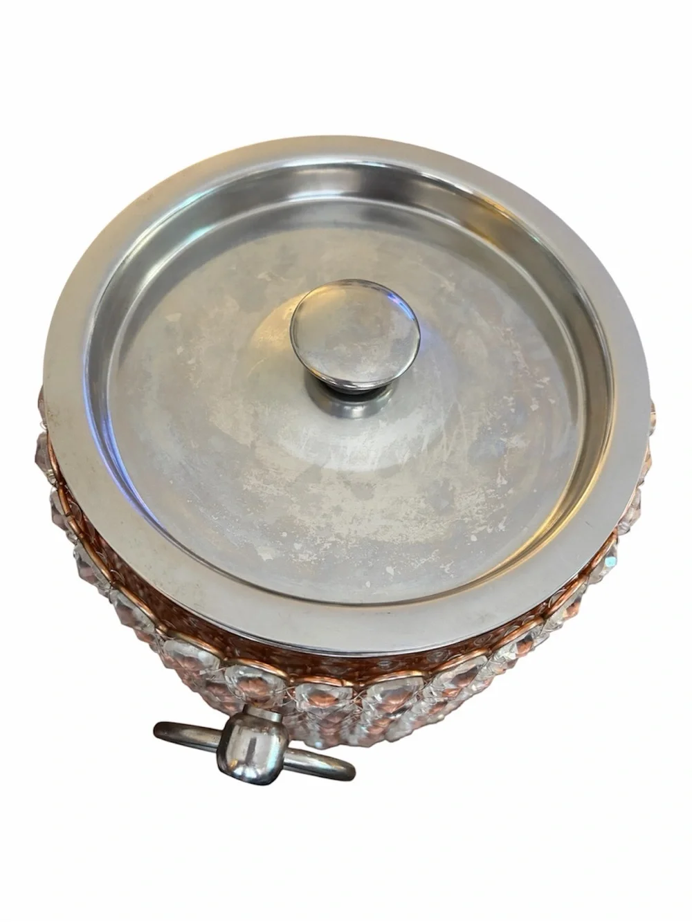 Glam Rose Copper Crystal Beaded Ice Bucket w/ Lid Hollywood Regency Barware